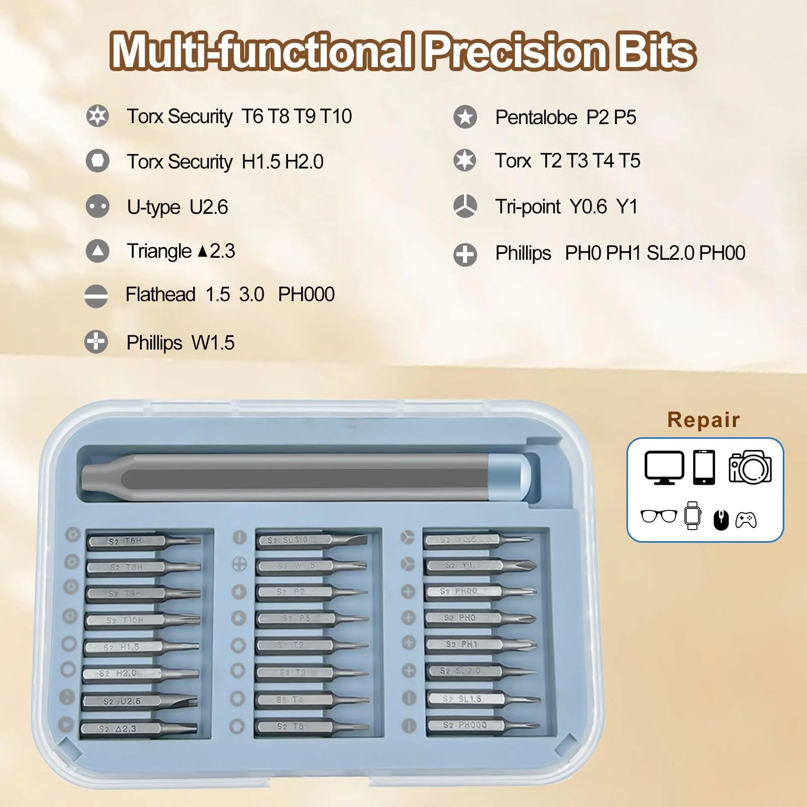 25 in 1 Small Precision Screwdriver Set with Magnetic Aluminum Handle & 24 S2 Steel Bits, Portable Repair Tool Kit