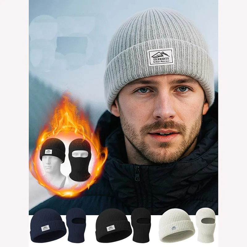 

Autumn Winter Outdoor Sports Warm Cold Cap Outdoor Hiking Knitted Headgear Two-in-one Solid Color Skiing Warmth Unisex Mask Hat