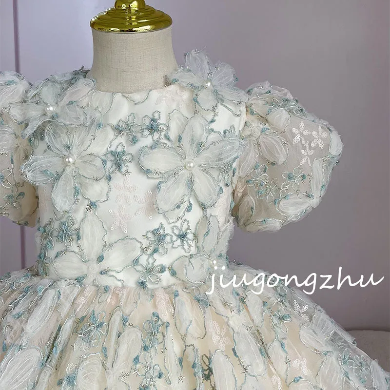 2024 Flower Girl Birthday Dresses for Kids Elegant Formal Puff Sleeves Dress Children Ball Gown Clothes Party Boutique Costumes