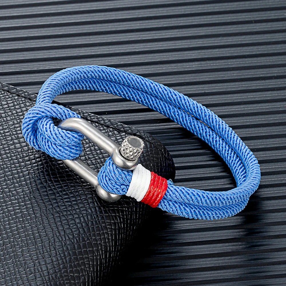 MKENDN Nautical Bracelets for Men Double Strand Surfer Rope Bracelet Stainless Steel Anchor Shackle Handmade Ideal Gift for Son