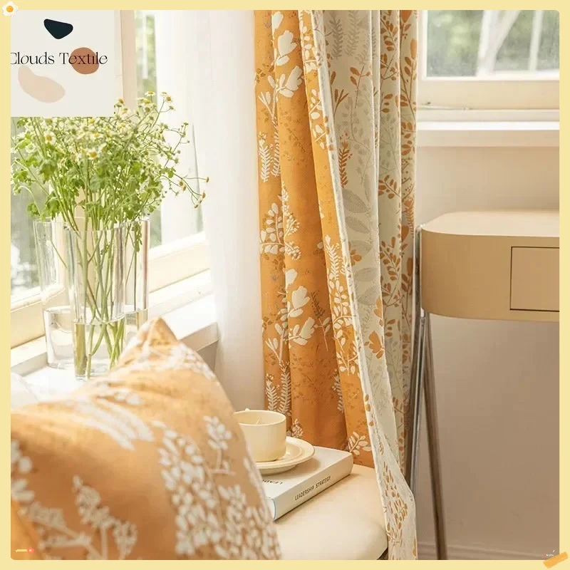 

Cotton Linen Jacquard Curtains for Living Dining Room Bedroom Window Orange Warm Color Pastoral Literary Curtains Customize