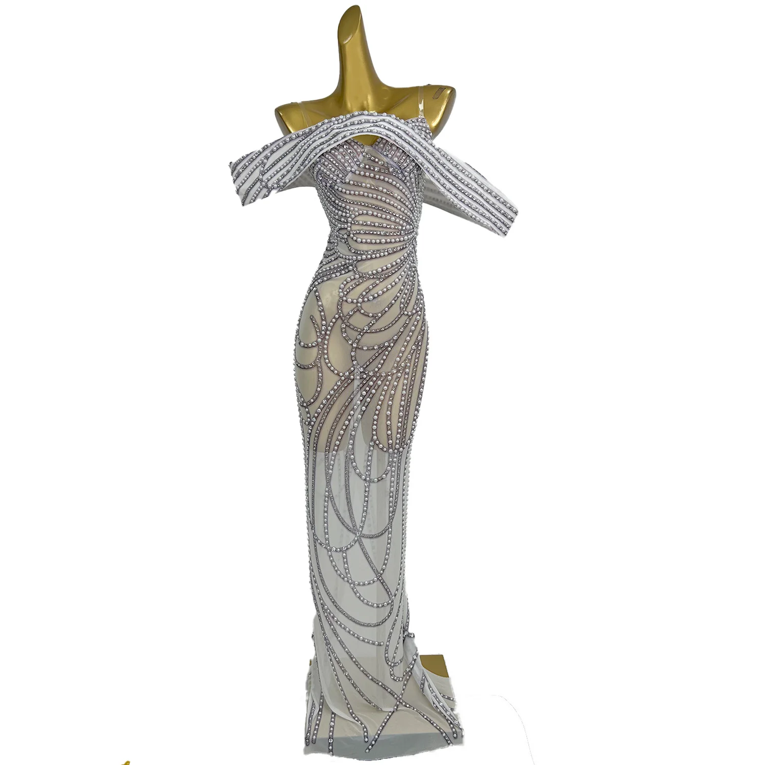 Luksusowa sukienka z długiej, przezroczystej siateczki, zdobiona cyrkoniami i perłami, dla kobiet, couture, seksowna, na studniówkę, urodziny, wieczór, sesję zdjęciową, styl Moli.