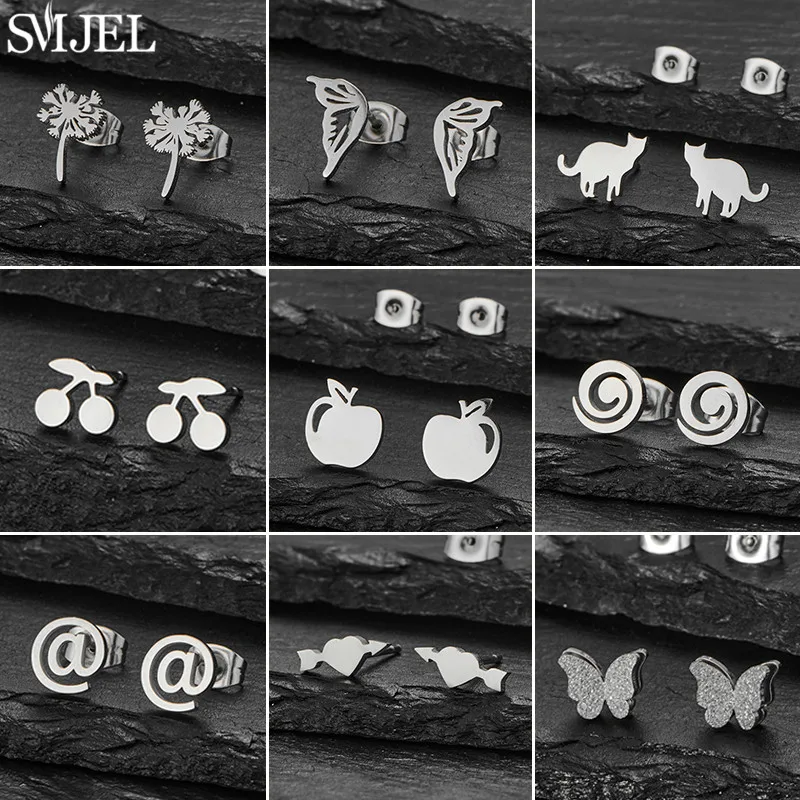 Rose Gold Color Frosted Butterfly Stud Earrings for Girls Fashion Cute Cherry Apple Dandelion Ear Studs Piercing Jewelry Gifts