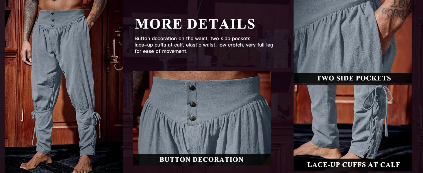 Kapuzenhose im Piratenstil, Wikingerkostüm für Herren, Renaissance-Mittelalterhose, Halloween-Kostüm, Erwachsenen-Cosplay, trendige Streetwear – Detail 4