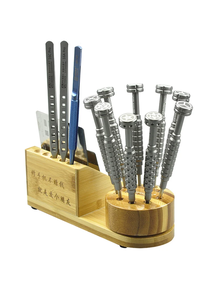 Amaoe 360° Rotating Storage Box Bamboo Wooden Organizing Holder Tweezers Screwdriver Steel Mesh Mobile Phone Organizer Tools
