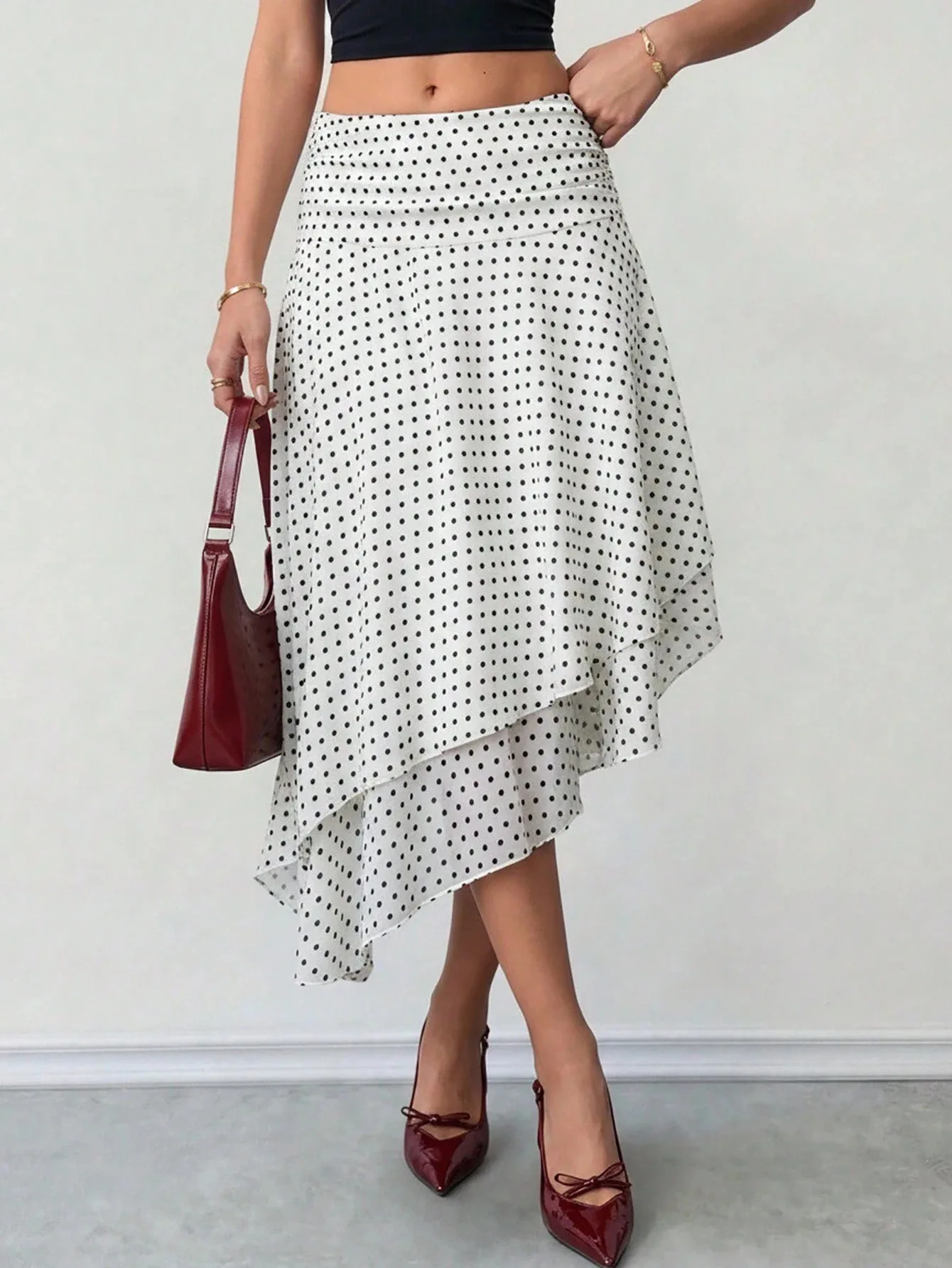 Fashionable Half-length Polka Dot Skirt with Irregular Hem High Waist Straight Cut Summer New Style Women's Elastic Waist Print