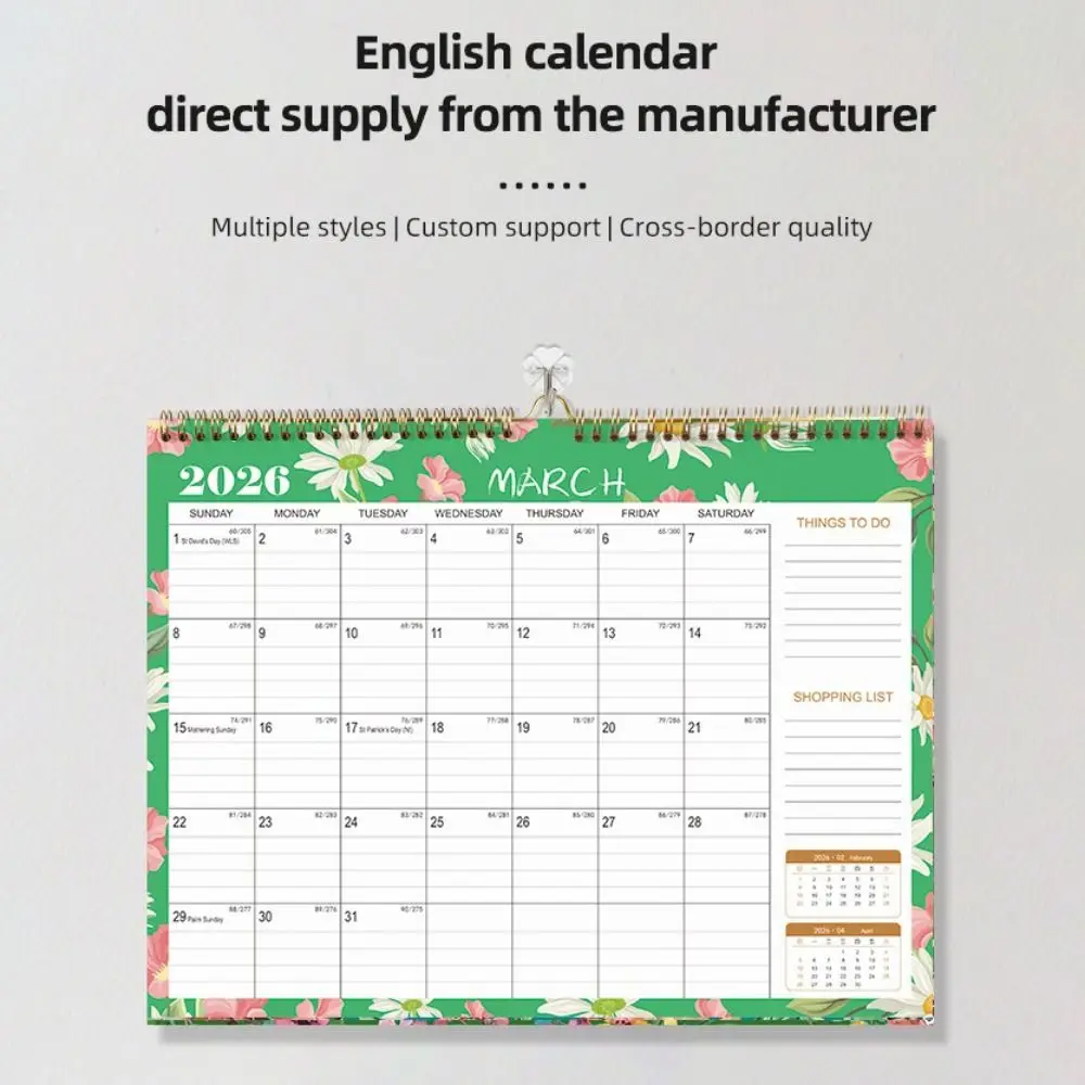English Version 2026 Wall Calendar Large Date Blocks Floral Design Wall Calendar Aesthetic Design Vertical Display