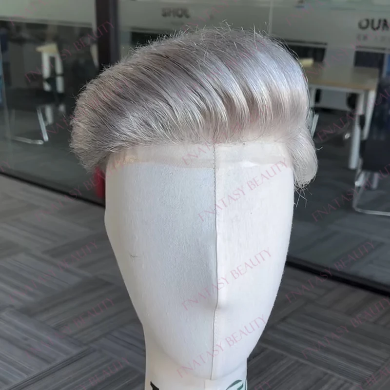 

Bleached Knots Natural Hairline 100% Human Hair 1B80 Grey Man's Hair System Prosthesis Old Man Q6 French LacePU Base Men Toupee
