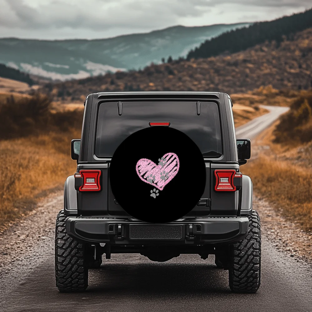 Pink Heart And Cute Pet Paw Print Pattern 30/34-Inch Multi-Functional Tire Cover, Suitable For Jeep, Trailer, RV, Off-Road Vehic