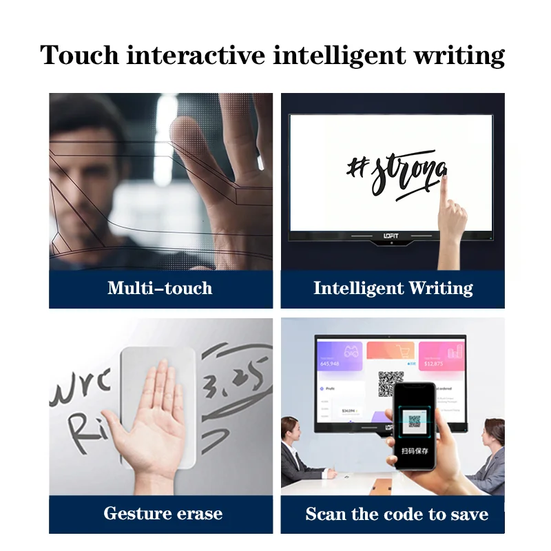 Interaktywna tablica dotykowa 4K Smart Board o przekątnej 55, 65, 75, 85 cali do konferencji firmowych, edukacji i zastosowań cyfrowych.