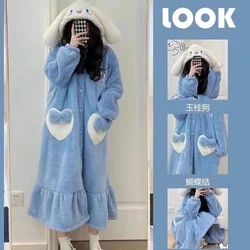 Kawaii 2Pcs Winter Pajamas Suit Anime Cinnamoroll Hello Kitty Kuromi Sanrioed Cartoon Warm Cute Coral Velvet Home Clothes Girl