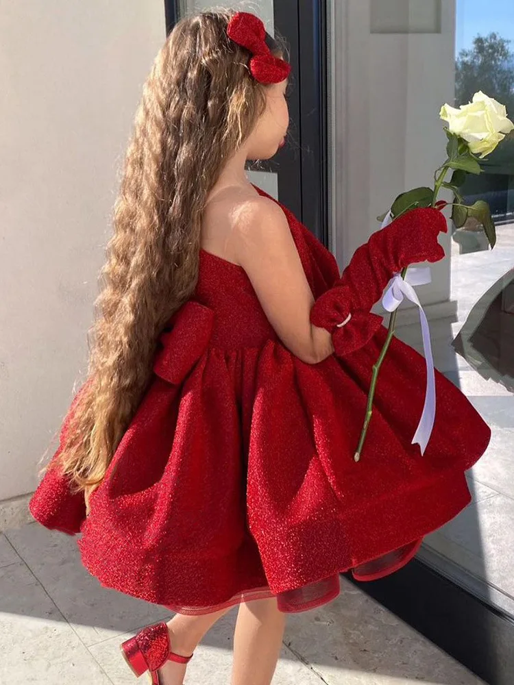 Children's red one-shoulder dress sequined Princess pompadour dress Girl's birthday party host costume