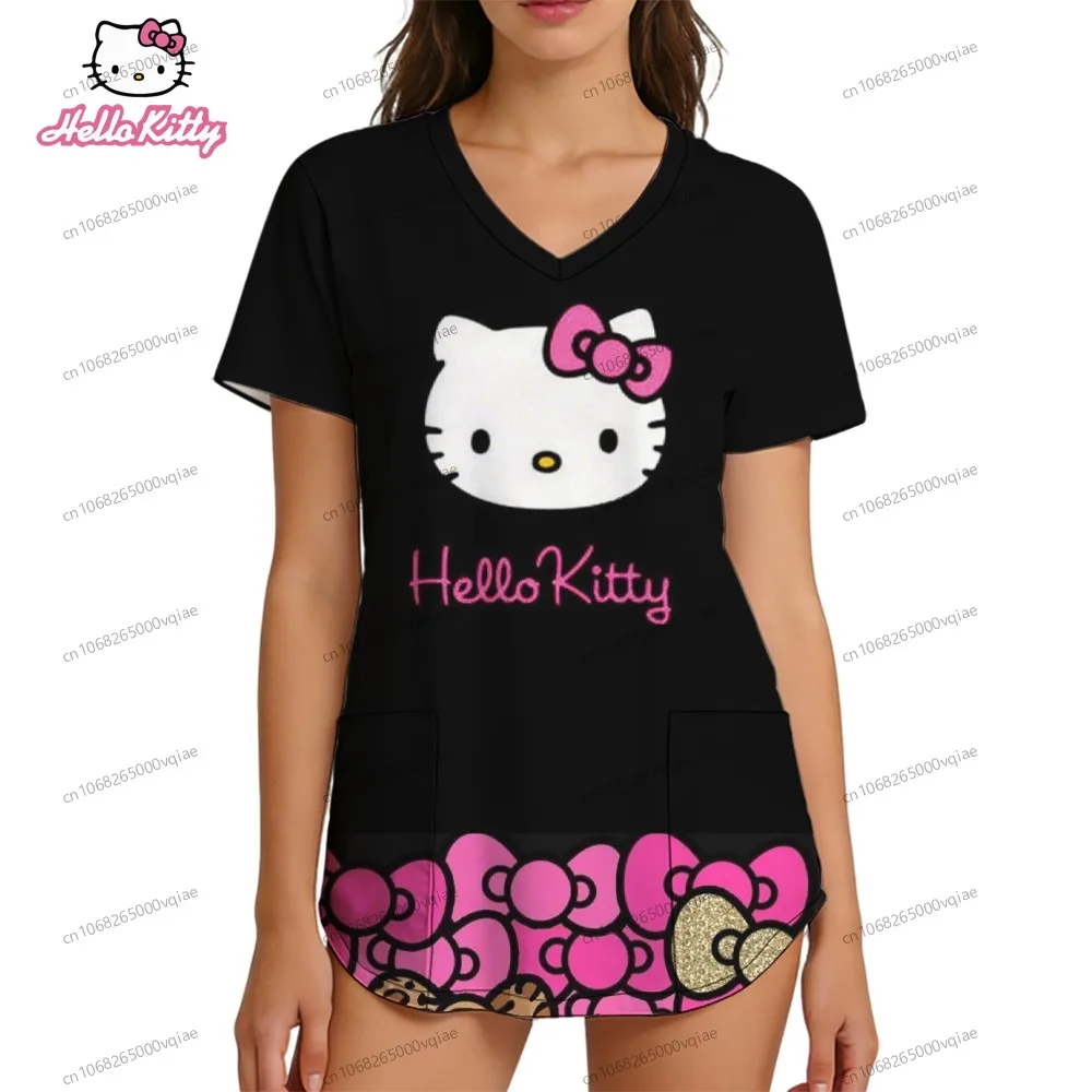 

Pocket Hello Kitty T-shirts Nurse Uniform V Neck T Shirt Women's T-shirt Cute Tops Kawaii Clothes S-2XL Harajuku Fashion Top Y2k