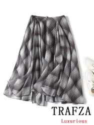 TRAFZA Vintage Casual Chic Women Skirt Plaid Pleated Zipper Long Skirt New Fashion 2024 Autumn Holiday Female Long Folds Skirt