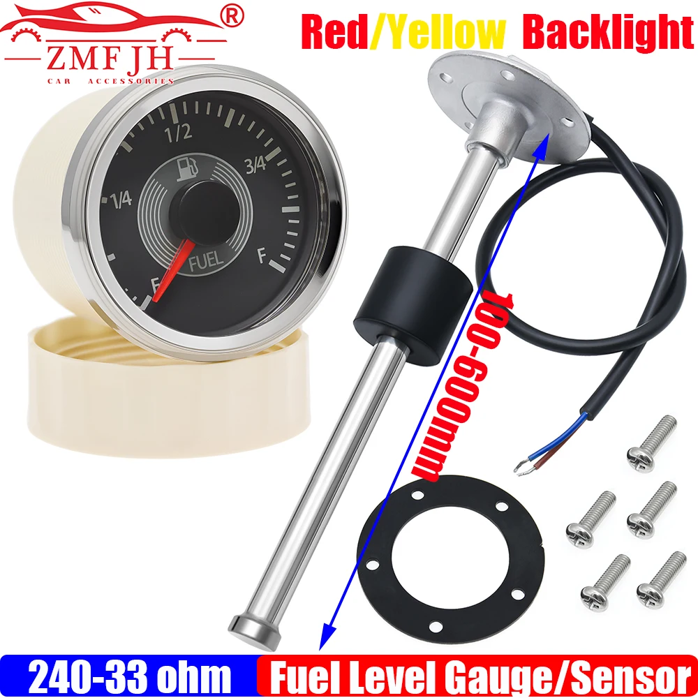 ZMFJH 240-33ohm Fuel Level Sensor 100-600mm Retro Vintage Stying 52mm Fuel Level Gauge Red Yellow LED Pointer Oil Tank Meter