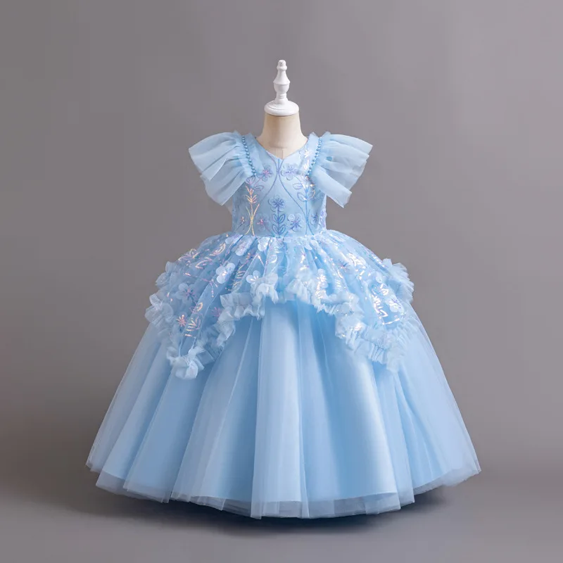 Ropa de flores para niña, vestido de princesa azul, vestidos de fiesta para niños de 5 a 10 años