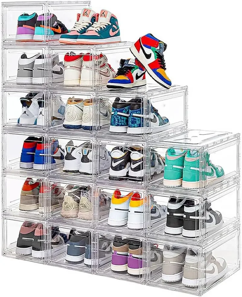 12 Pack Clear Shoe Boxes– Ultra Clear Plastic Stackable Sneaker Storage For Sneakerhead. Professional Grade Shoe Display