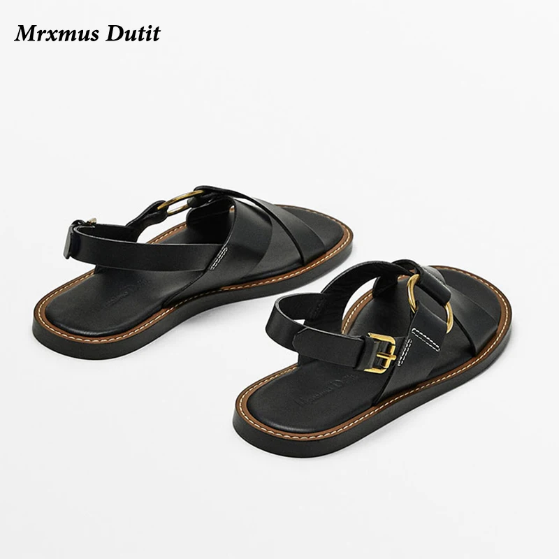 Mrxmus 2023 New Spring Summer Fashion Leather Cross Belt Design Open Toe Roman Sandals Women Simple Casual Flat Shoes Female