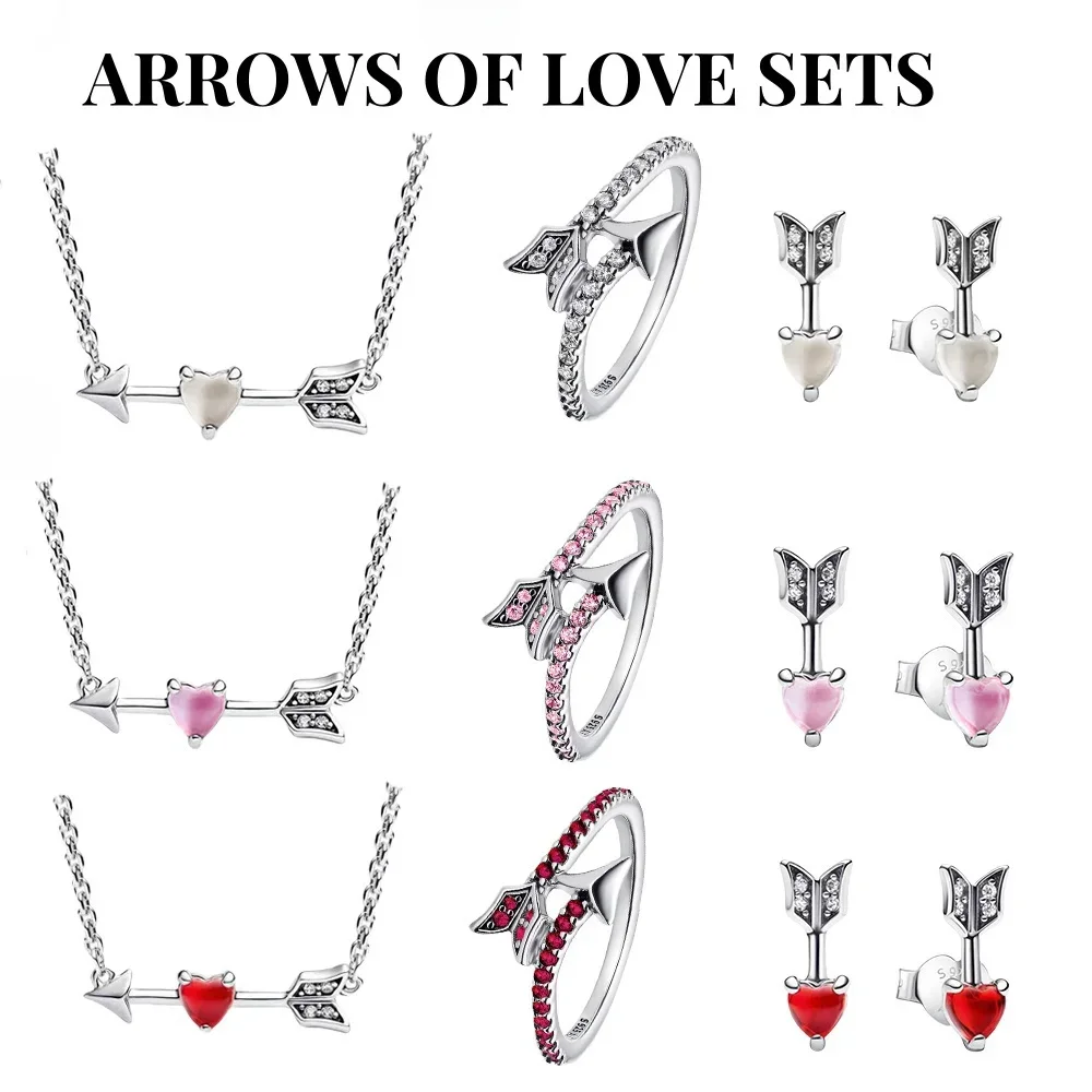 2025 Valentine's Day Heart Zircon Cupid's Arrow Necklace Earrings &Ring Set Fit Wedding  Engagement DIY Women Fine Jewelry Gift