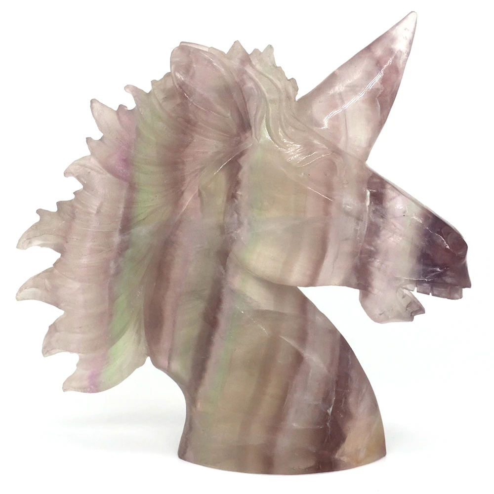 Natural Fluorite Unicorn Statue Healing Crystal Carving European Myth Rainbow Horse Figurine Garden Ornaments Home Decoration