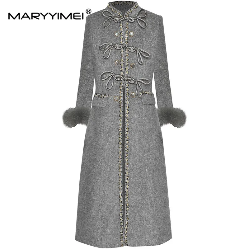 

MARYYIMEI Autumn and winter New Style Chinese style Coat Stand Collar Long-Sleeved Single-Breasted Plain color Overcoat