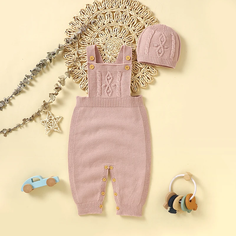 Newborn Baby Romper Knitted Infant Girl Boy Jumpsuit Outfits Sleeveless Toddler Children Clothing Hat Fashion Solid 2PC Overalls