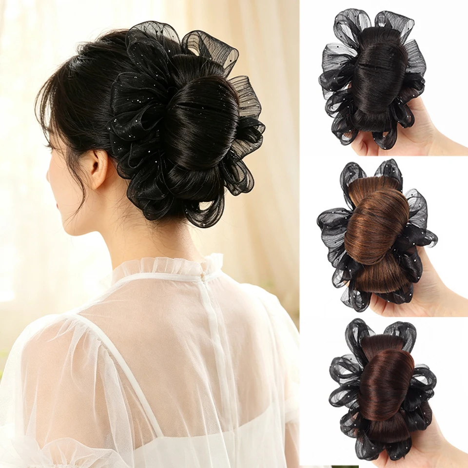 Synthetic starry sky cloud grasping clip style hair bun wig, low tie bun hair accessory suitable for women's daily party use