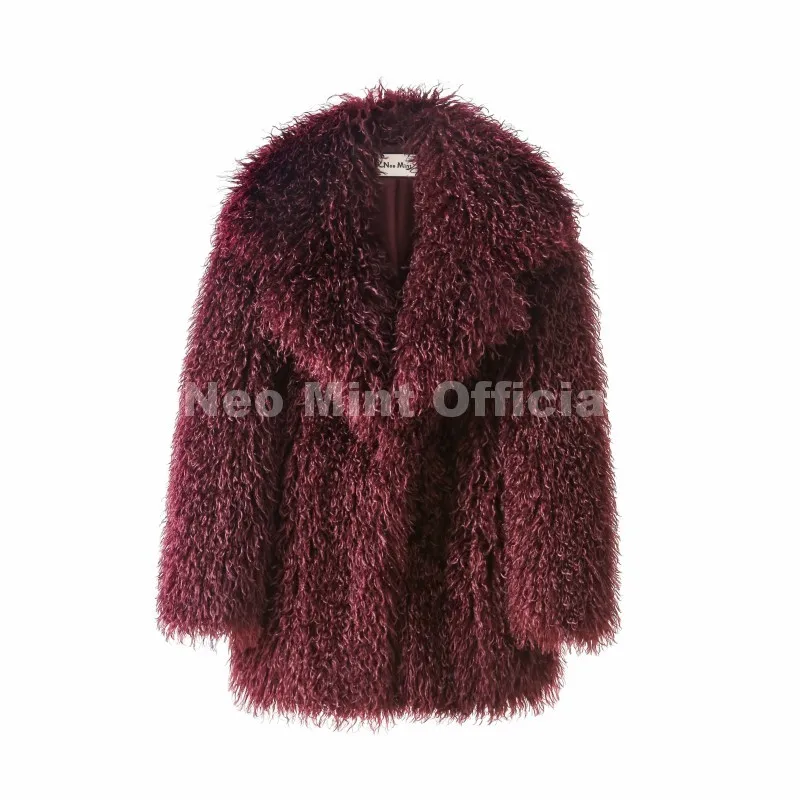 Neo Mint Winter 2025 Trend Burgundy Obsession Long Faux Mongolia Sheep Fur Jacket Coat Women Chic Lapel Collar Fluffy Overcoat
