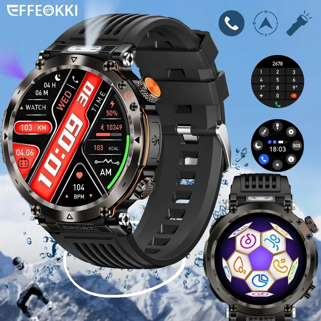 

EFFEOKKI Men Smartwatch with Wireless Calling, Flashlight, Compass, IP68 Waterproof Outdoor Sports for iPhone Android Phone