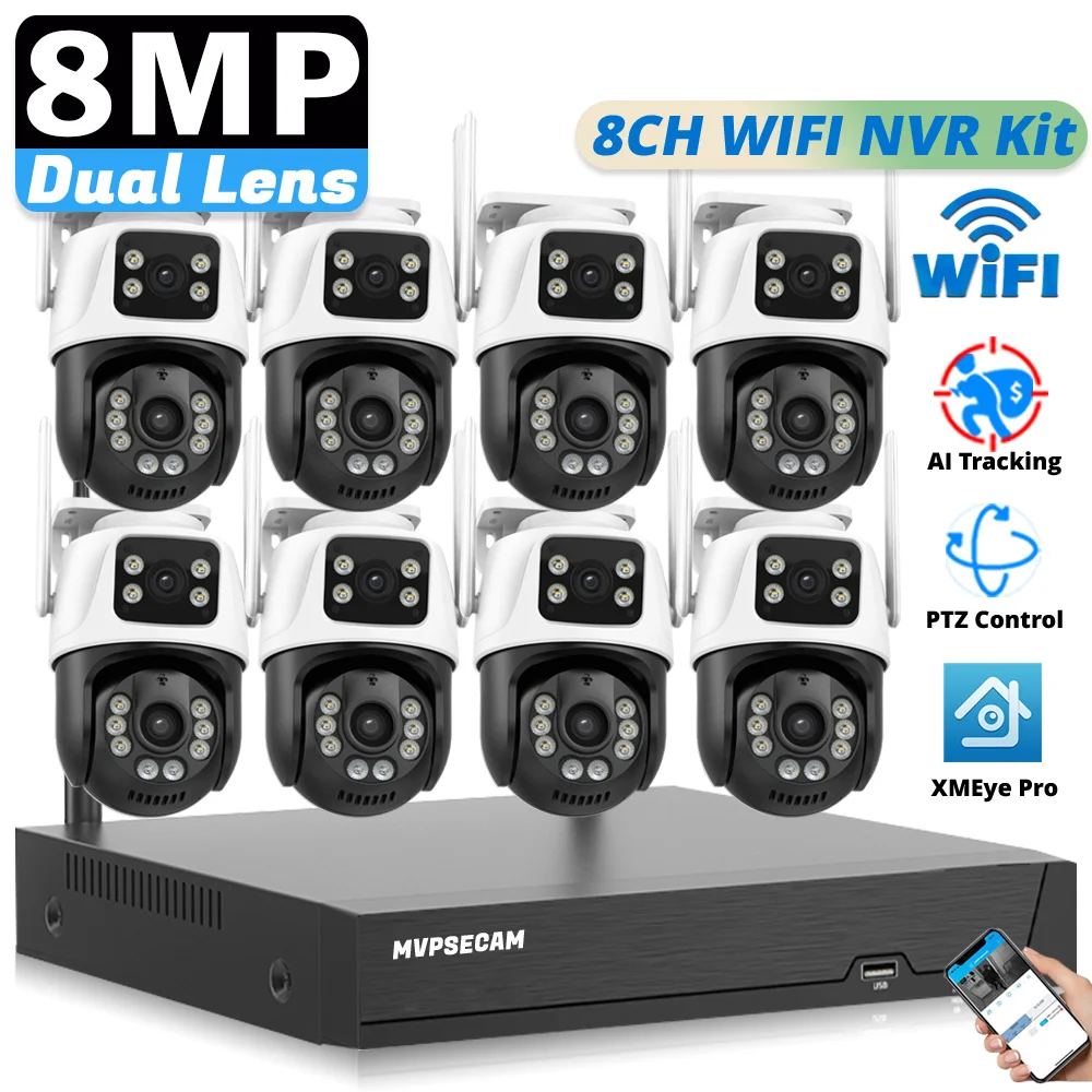 Smart 8CH Wifi Wireless NVR Kit ICSee Outdoor Wifi Security CCTV Cameras 8MP 4K Dual Lens Smart Surveillance CCTV System XMEye