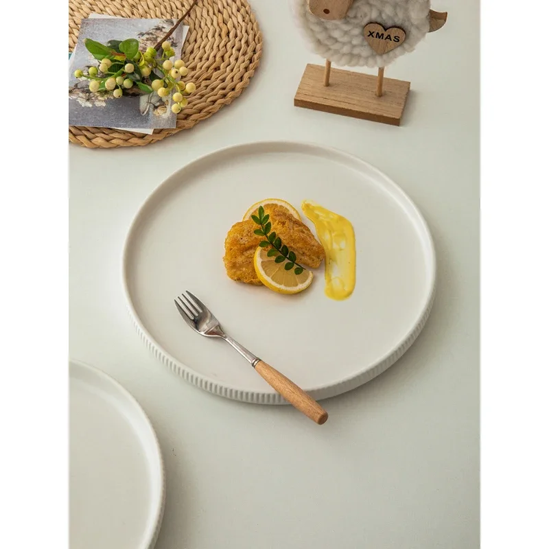 Korean Style Flat Solid Color Porcelain Plate Household Simple Round Tableware Afternoon Tea Dessert Cake Toast Fruit Plates