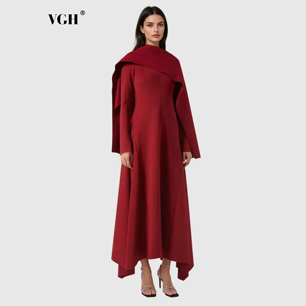 

VGH Temperament Solid Loose Dresses for Women Scarf Collar Long Sleeve High Waist Elegant Chic Irregular Dress Female Fashion