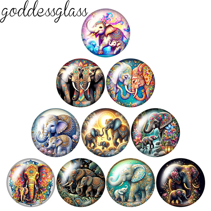 Colorful Ganesha Elephants mother and child 10P 12mm/18mm/20mm/25mm Round photo glass cabochon flat back Making findings Jewelry