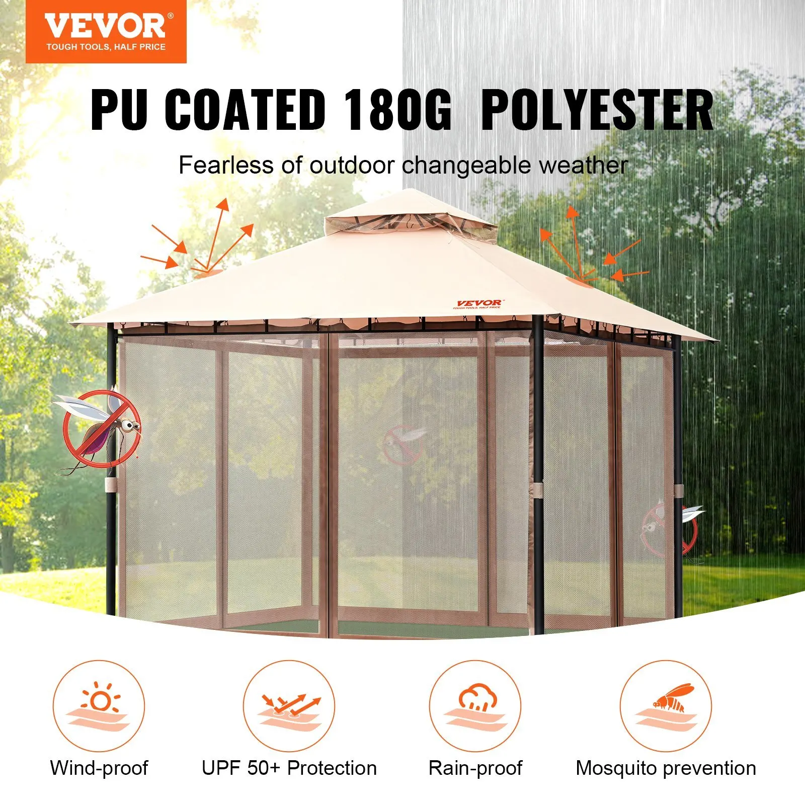 VEVOR Patio Gazebo for 6-8 Person, 10 x 10 FT Backyard Gazebo, with Mosquito Netting, Metal Frame, and PU Coated 180G Polyester,