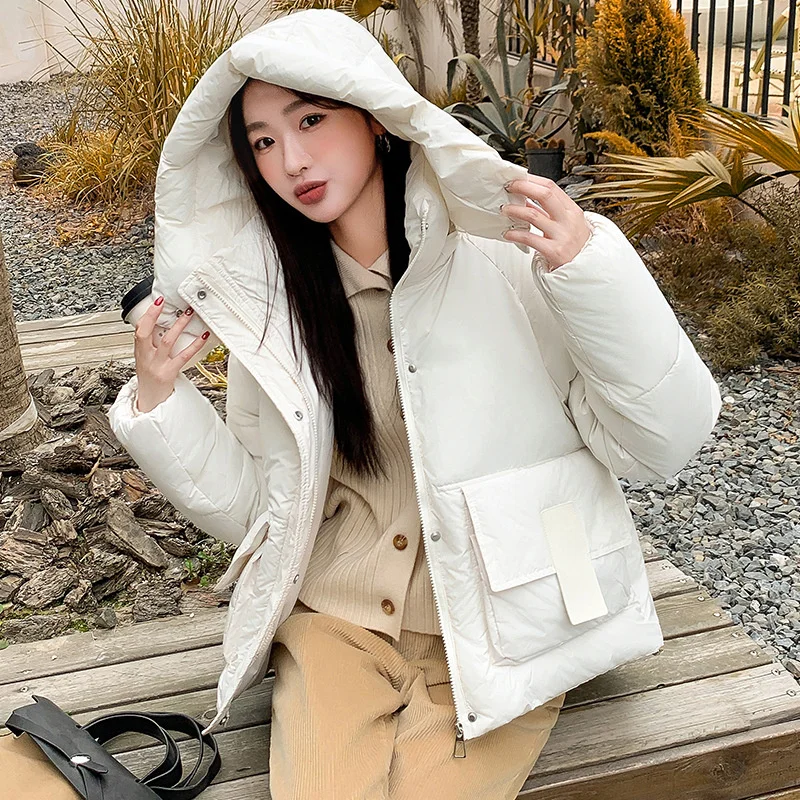 

Woman Down Cotton Jacket 2025 Winter Hooded Zipper Pockets Warm Thicke Puffer Padded Jacket Female Bread Cotton Clothes Outwear