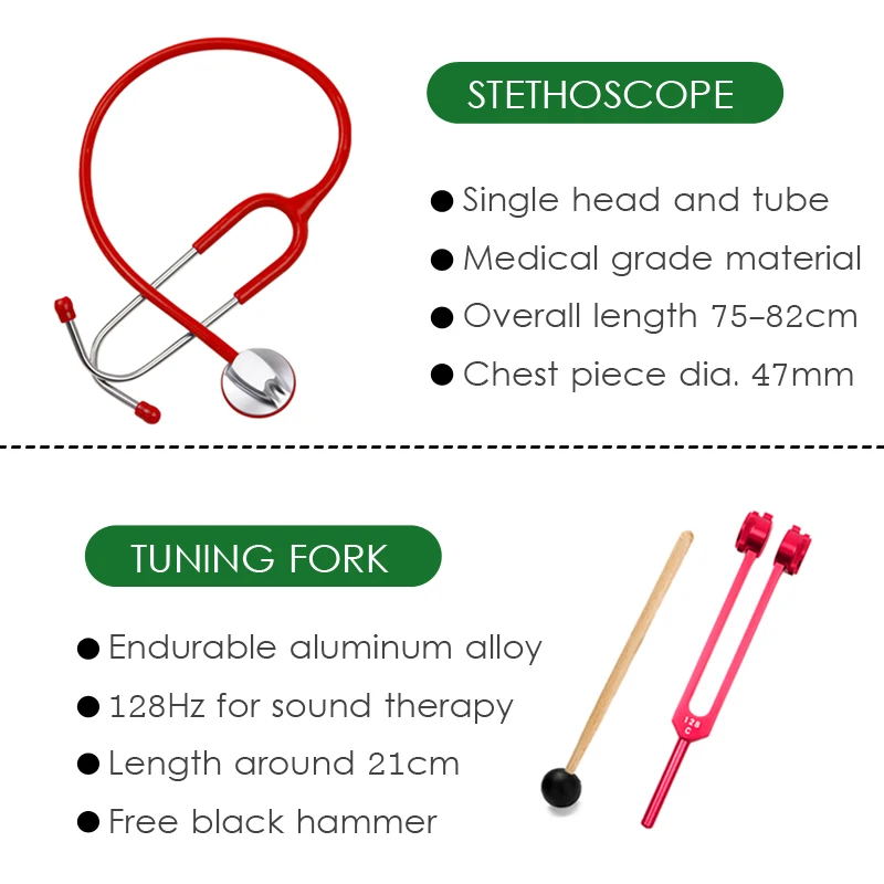 Red Medical Health Monitor Storage Case Accessory Kit and Stethoscope Otoscope Tuning Fork Reflex Hammer LED Penlight Torch Tool