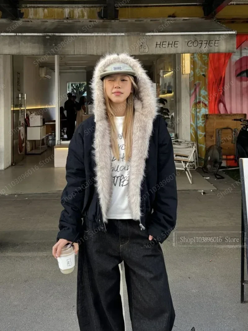 Amerikanischen Retro Pelz Kragen Mit Kapuze Jacke Frauen Y2K Streetwear Winter Neue Samt Verdickt Warme Harajuku Lose Beiläufige Jacke