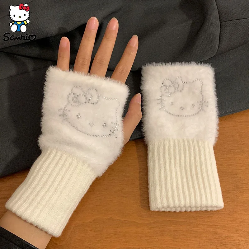 Sanrio Hello Kitty Half Finger Gloves for Women Fashion Winter Warm Soft Knitting Gloves Casual Cartoon Fingerless Mitten Gifts