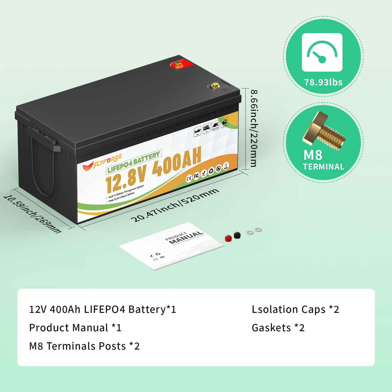 FLLYROWER 12V 400Ah LiFePO4 Lithium-Batteriepack mit BMS 200A für Heimenergiespeicher, Wohnmobil, Offroad, Outdoor, Trolling-Motor – Detail 9