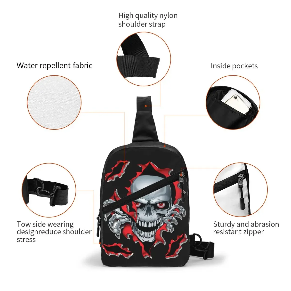 Fashion Rip Skull Sling Crossbody Backpack Men Gothic Skeleton Shoulder Chest Bags for Hiking