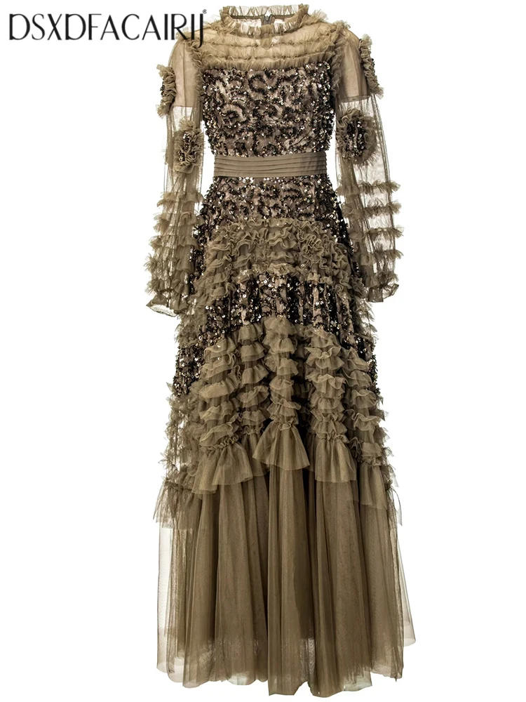 DSXDFACAIRIJ Women's Sequins Embroidery Patchwork Mesh Dress O-Neck Lantern Sleeve Ruffles Vintage Maxi Autumn Female