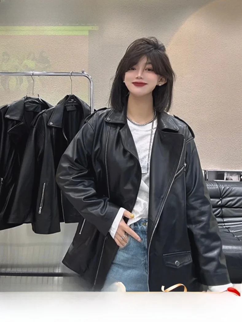 Lose Damen Eepskin Leder Jaet Mittellanger Bikermantel Frühling Herbst Neu Sle Faionable Long Sve Reißverschluss