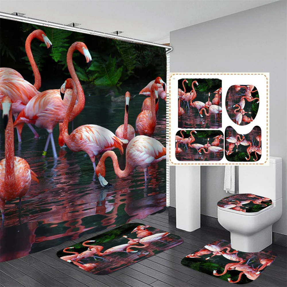 

Pink Flamingo Tropical Leaves 3D HD Shower Curtain Set Waterproof Polyester Bathroom with Mat Non-Slip Rugs