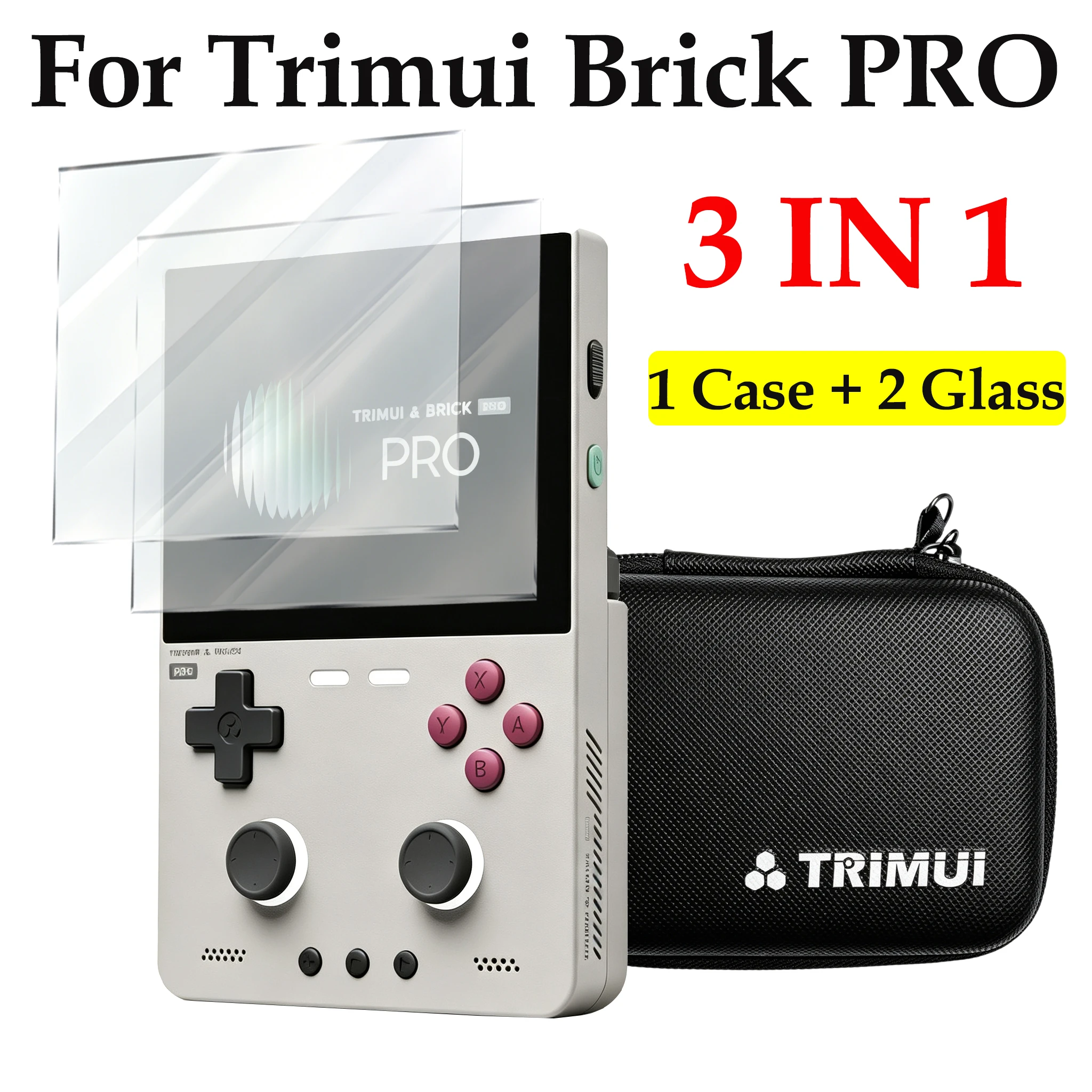 3 IN 1 für Trimui Brick PRO Displayschutzfolien aus gehärtetem Glas & Spielkonsolen-Aufbewahrungstasche 2 / 4 IN 1 und so weiter Gaming-Zubehör