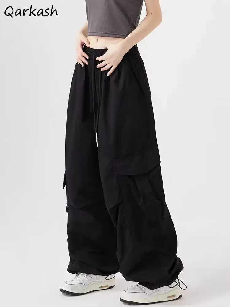 

Wide Leg Cargo Pants Women American Retro Elastic Waist Baggy Pockets Fashion Streetwear Unisex College Y2k Hip-hop Joggers