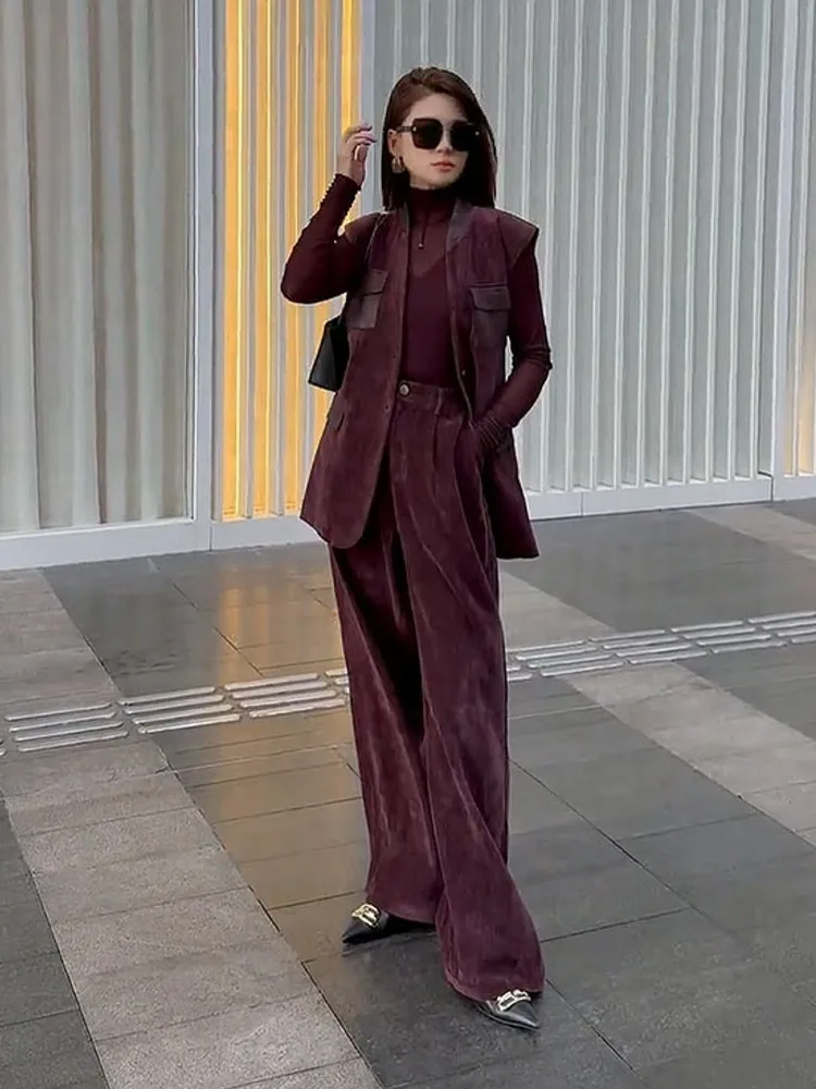 Fashion Women Wine Red Vest 3 Piece-Set Retro Casual V-neck Sleeveless Jacket Sets Full Length Wide Leg Pants Outfits Hot Sale