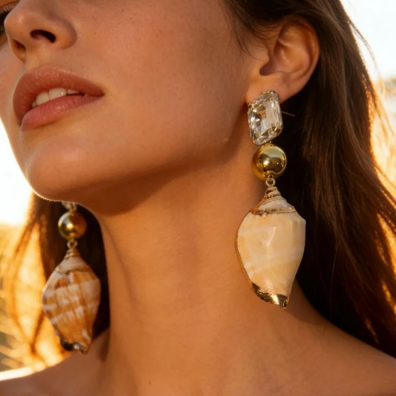

rendy Natural Shell Dangle Earrings Gold Tone Crystal Ball Statement Earrings for Party Beach
