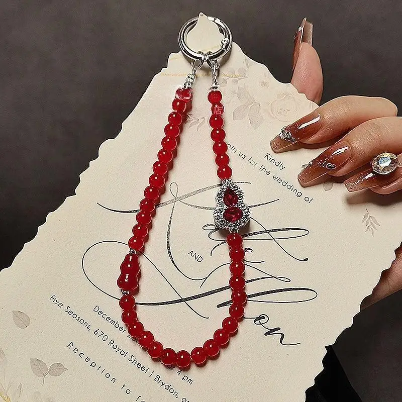 Retro-Handykette im Kürbis-Stil mit Strasssteinen, Perlen und Kristallen, chinesischer Stil, Handgelenkskette, modisches Accessoire – Detail 3