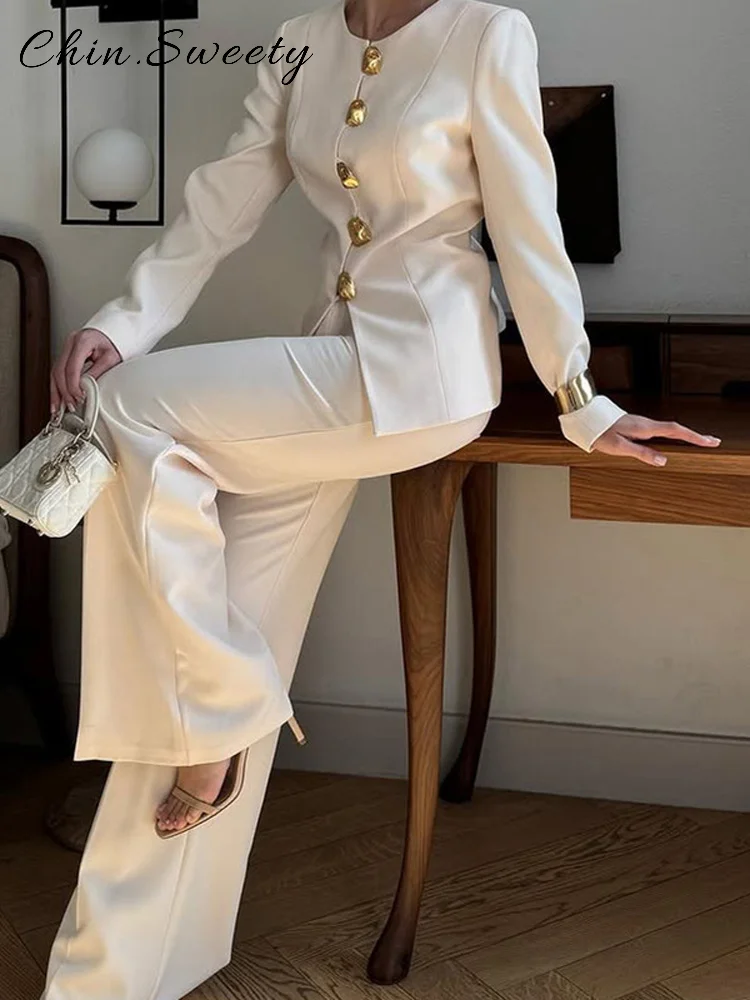 Elegant Women's Solid Pants Sets O-neck Full Sleeve Single Breasted Blazer Straight Wide Leg Pant 2025 Autumn Lady Chic Suit New