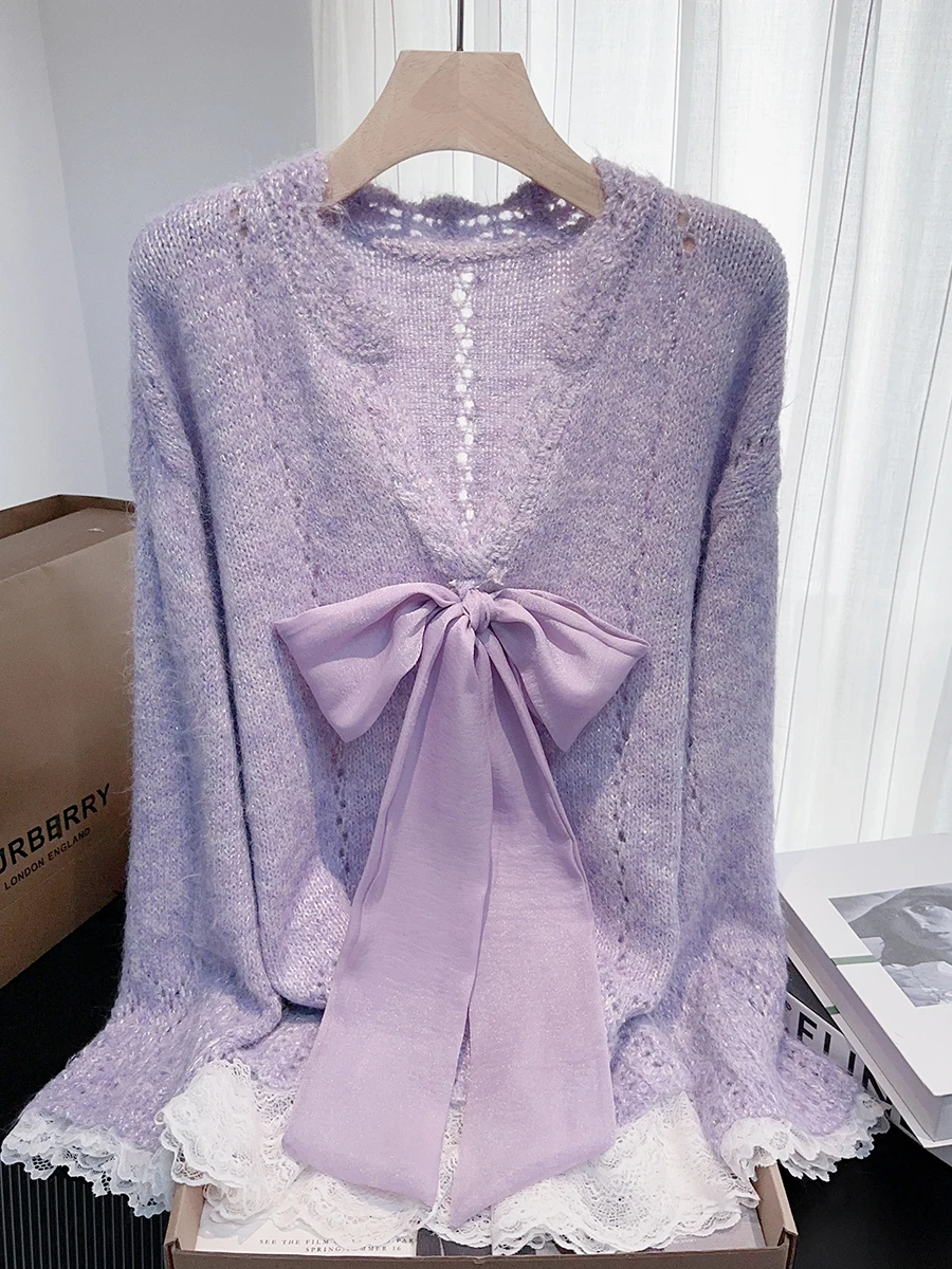 

Фиолетовая вязаная женская блузка средней длины с кружевным узлом, весенне-осенний топ из шерстяного трикотажа, прикрывающий бедра